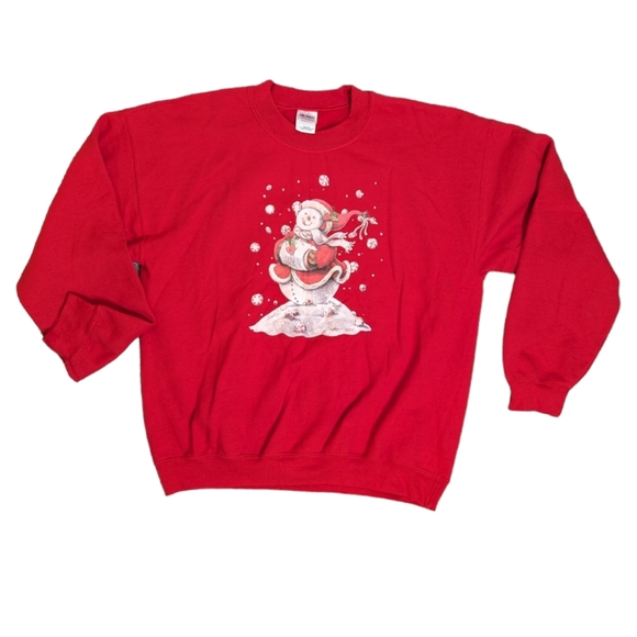 Christmas Sweatshirt VINTAGE 90's Snowman Red Gildan Size Large - Picture 1 of 4